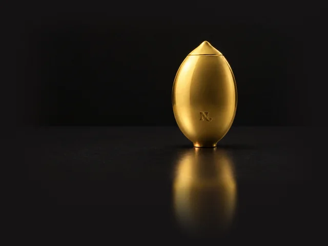 The polished gold Golden Lem, an upright lemon with a small pointed cap and an N on the front, standing on a dark surface.